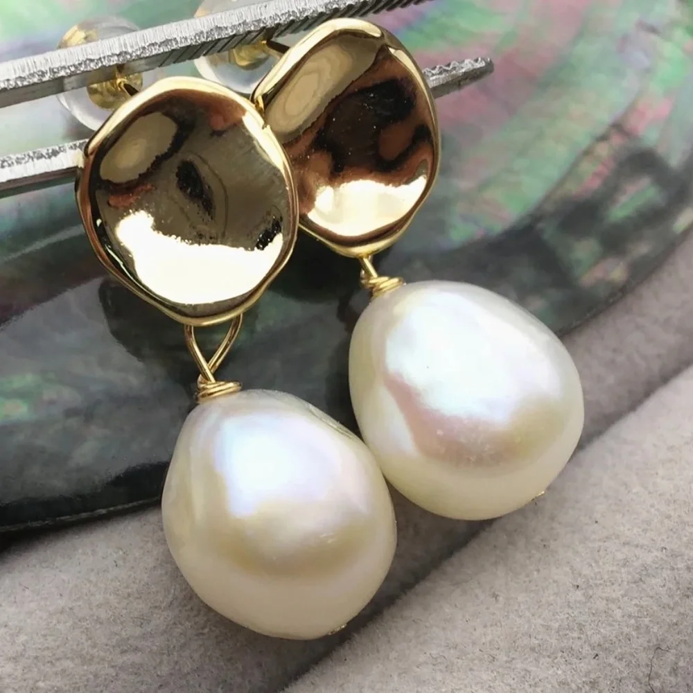 White Cultured Pearl Stud Earrings 14K Gold Plated - Picture 3 of 7